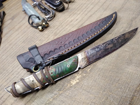 Custom Made Damascus Steel Fixed Blade Knife 4" Blade 3.5" Wood Handle w/Sheath