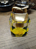Vtg MCM EVANS Table Top Cigarette Lighter Yellow Rose in Clear Lucite Cube USA!