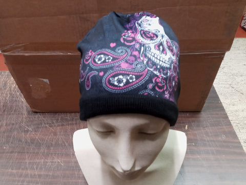 Hot Leather Knit Hat Sublimated Sugar Skull Paisley Beanie Motorcycle Apparel