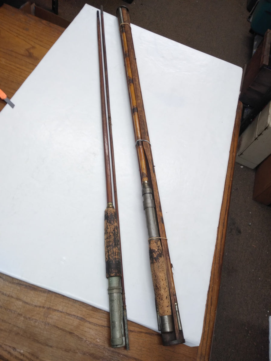 Vintage WW2 4pc Bamboo Fishing Rod Pole w/Holder Extra Tip Extra 2pc P –