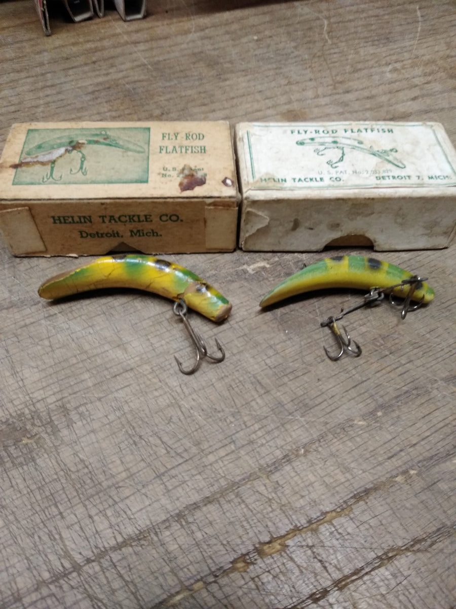 Vtg 2 Pc Lot Helin Tackle Fly Rod Flatfish Painted Wooden Lures