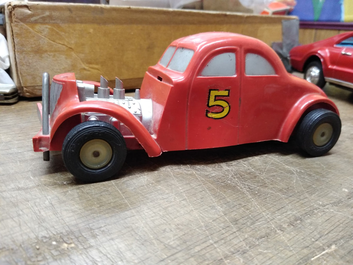 Vtg Saunders Plastic Friction Toy #5 Red Roadster Race Car Hot Rod