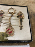 Vtg Chrysler Key Blank Keychain Set Fobs Gold 50's Hot Rod Classic Display Case!