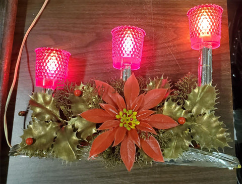 Vtg Christmas Beacon Electric Candelabra 3 Red Plastic Shades Poinsettias Lights