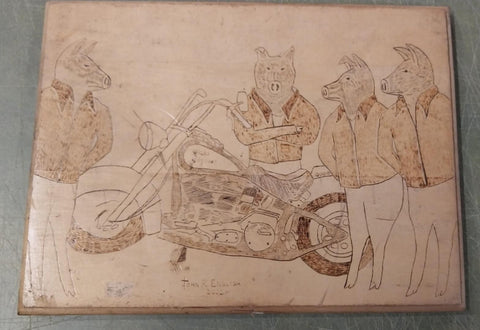 Handmade Wood Picture Engraved Harley Softail Hog biker Art Vtg Collectible Chop