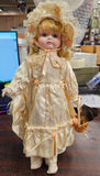 VTG 1989 House of Lloyd Collectible Tan Dress Porcelain Doll w/Stand Keepsakes