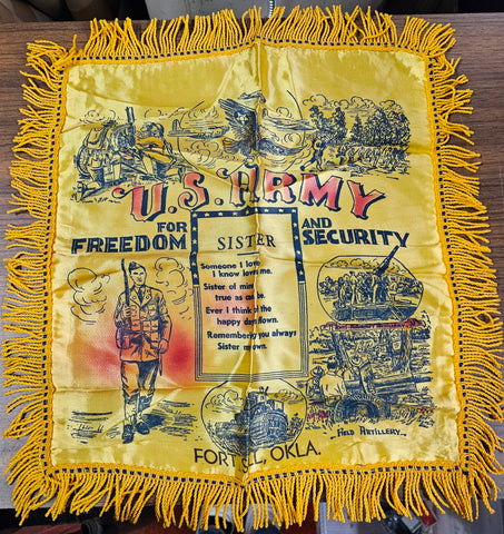 VTG U.S. Army Fort Sill Oklahoma Silk "Sister" Pillow Cover Fringe Yellow WWII