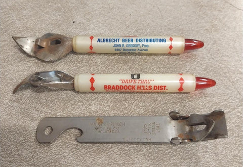 3 Vintage Assorted Bottle Openers Milk Can Punch Albrecht Beer Braddock Hills