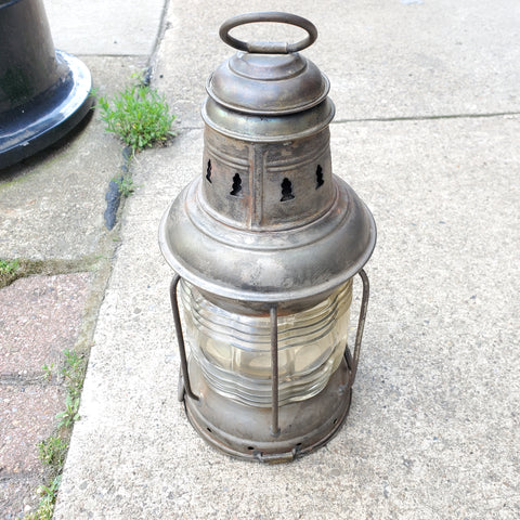 Vtg Brass Deck Nautical Ship Lantern & Glass National Marine Lamp CO New York