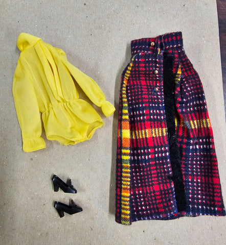 Vintage 1972 Mod Barbie Long Fringy Plaid Skirt Yellow Top Complete Outfit 3341