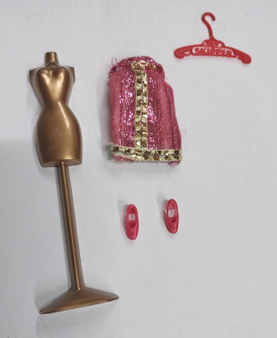 Barbie Doll Display Stand Pink Halter Dress Shoes Hanger Clothes High Heels