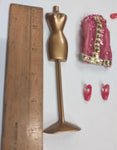 Barbie Doll Display Stand Pink Halter Dress Shoes Hanger Clothes High Heels