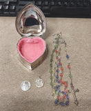 Vintage Art Deco Pink Velvet Heart Shaped Jewelry Box Rosary Charm