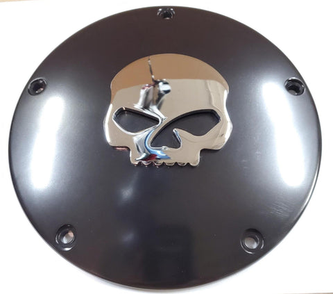 New! Chrome Skull Willie G Black 5 Hole Clutch Derby Cover Harley M8 Softail FLH