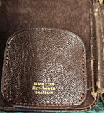 VINTAGE 1950'S BUXTON KEY-TAINER LADIES CLAMSHELL LEATHER KEY WALLET DARK BROWN