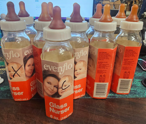 VTG Glass Evenflo Nurser Baby Bottles Lot 80z NOS Brand new Advertising extras!