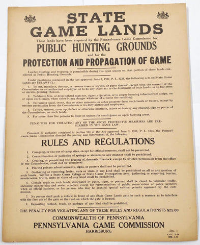 Pennsylvania Game Commission April 1950 Orig. Poster Grounds Rules & Regulations