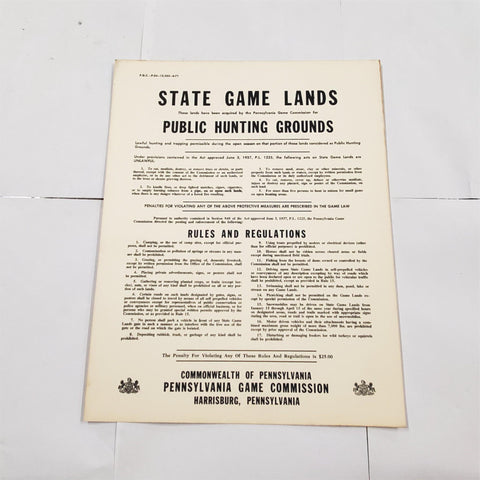 PA Game Commission June 1971 State Game Lands Public Hunting Grounds Sign Poster