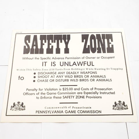 New VTG PA Game Commission Safety Zone 11"x14" Sign Poster Mancave Hunting Decor