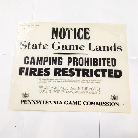 VTG Pa State Game Commission Notice State Game Lands Fiberglass Sign March 1980