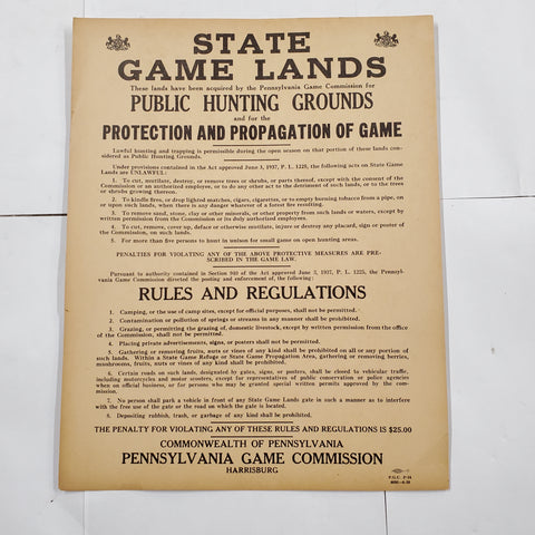 Pennsylvania Game Commission April 1950 Orig. Poster Grounds Rules & Regulations