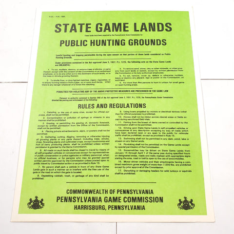 New VTG Pa State Game Commission Green "Game Lands Public" Hunting Aug 1982 Sign