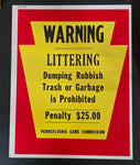 VTG 1973 Pennsylvania Game Commission "No Littering" Collectible Warning Sign