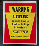 VTG 1973 Pennsylvania Game Commission "No Littering" Collectible Warning Sign