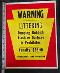 VTG 1973 Pennsylvania Game Commission "No Littering" Collectible Warning Sign