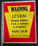 VTG 1973 Pennsylvania Game Commission "No Littering" Collectible Warning Sign
