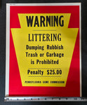 VTG 1973 Pennsylvania Game Commission "No Littering" Collectible Warning Sign