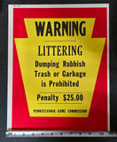 VTG 1973 Pennsylvania Game Commission "No Littering" Collectible Warning Sign