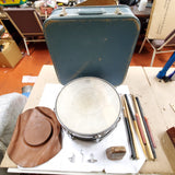 Vtg Olympic Chrome Snare Drum Wood Block Cowbell Sticks Blue Carry Case England