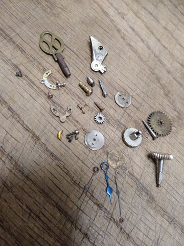 Vtg 25 Piece Pocket Watch Parts Lot Assortment Winding Key Pallet Bridge Hands