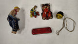 Vintage Tin Litho Toys & Magnus Harmonica Lot - Owl Clicker, Cowboy, Hobo