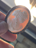 Antique Shell Cameo Pendant Brooch Jewelry Ornate Hand Hammer Frame JW Stickley