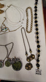 Vintage Costume Jewelry Lot Estate Necklaces Earrings Green Gold Silver Tone