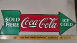 Vintage 1990 Coca-Cola Sold Here Ice Cold Tin Metal Arrow Sign 27" Embossed Coke