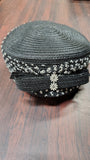 Vintage 1960s Black Straw Pillbox Hat Textured Mesh Grid Ribbon Bow Cocktail
