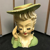VINTAGE ANTIQUE LADY VASE BY ARTMARK HAND PAINTED GREEN