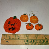 Vintage Plastic Halloween Witch Figurine Crocheted Jack O Lantern Pin Earrings