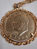 Vtg 1972 Eisenhower Ike Dollar Coin Pendant Necklace Gold Tone Rope Bezel 24"