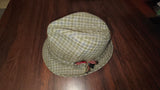 Vintage Plaid Trilby Fedora Hat Green Gray Checkered Gingham with Feather