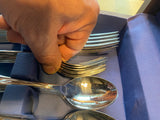 Vtg Stainless Steel Silverware Set Wooden Box Insico Mid modern 50's Flatware
