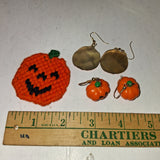 Vintage Plastic Halloween Witch Figurine Crocheted Jack O Lantern Pin Earrings