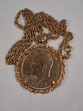 Vtg 1972 Eisenhower Ike Dollar Coin Pendant Necklace Gold Tone Rope Bezel 24"