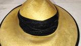 Vintage 1990s Fedoria Yellow Straw Wide Brim Sun Fedora Hat Black Trim