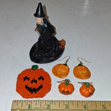 Vintage Plastic Halloween Witch Figurine Crocheted Jack O Lantern Pin Earrings