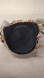 Vintage 1950s Black Woven Straw Half Hat Juliet Cap Floral Millinery Net Veil