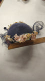 Vintage 1950s Black Woven Straw Half Hat Juliet Cap Floral Millinery Net Veil